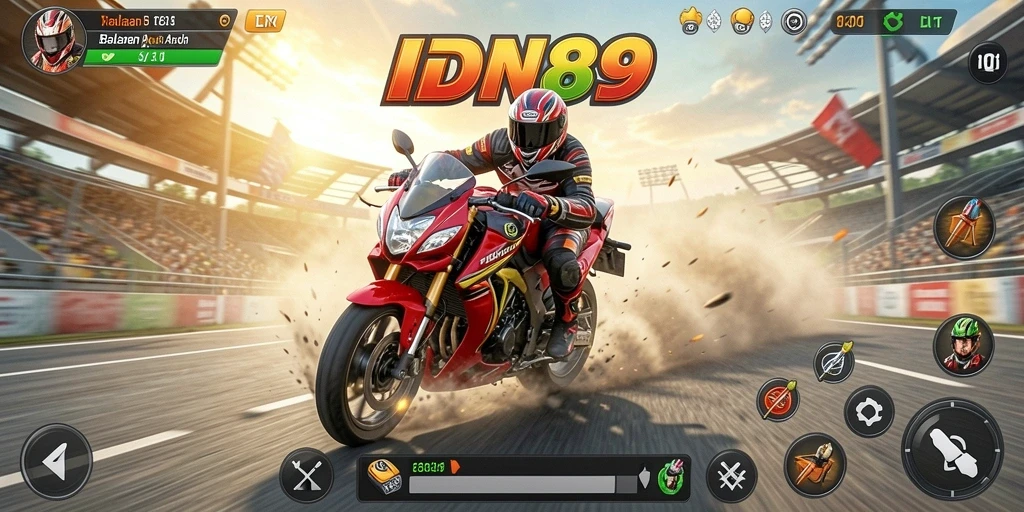 Tangkapan layar utama <strong>IDN89</strong> menampilkan aksi balapan motor yang seru.