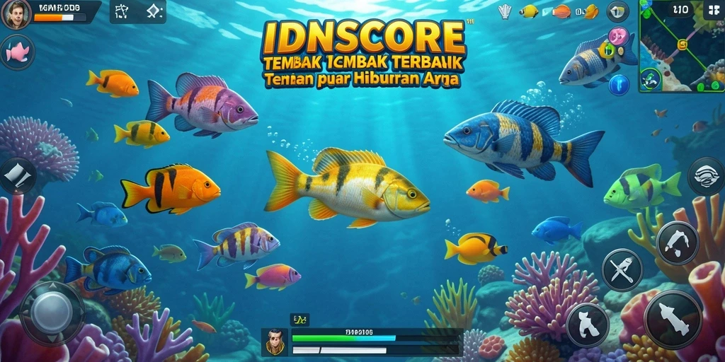 Screenshot utama IDNSCORE menampilkan aksi seru menangkap ikan.