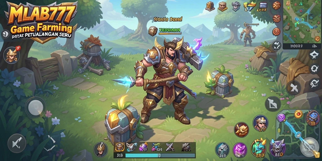 Tampilan gameplay menarik dari <strong>MLBB777</strong> menunjukkan ladang yang subur dan aktivitas pertanian.